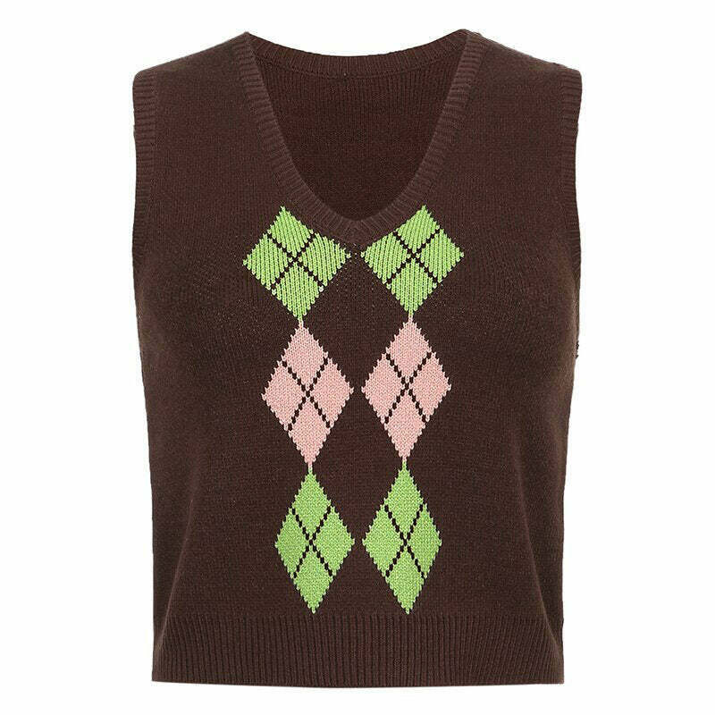 Brown Argyle Vest for Y2K Fashion Revival - Trendy Outfits for a Stylish Look