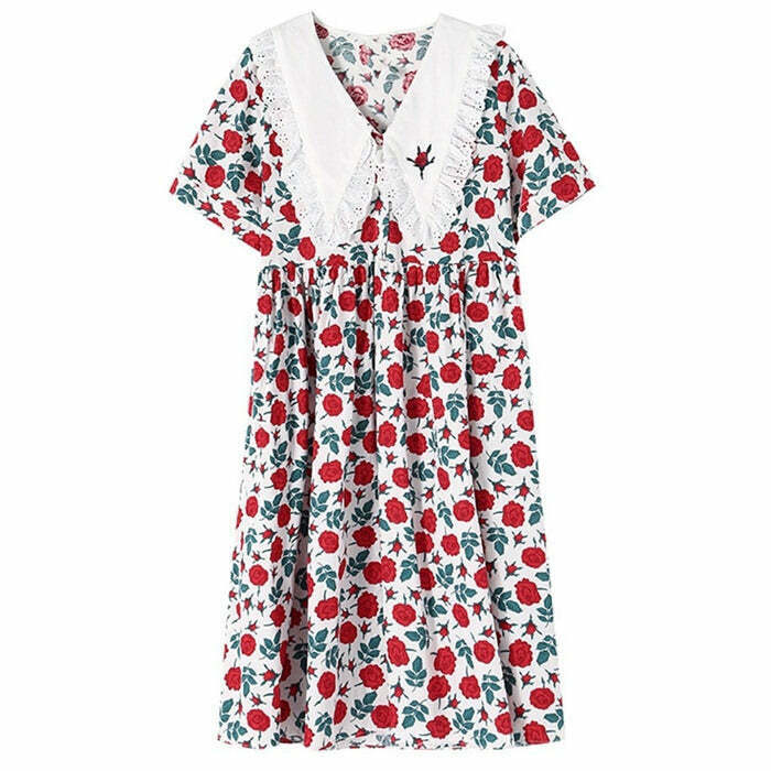Chic Cottagecore Oversized Collar Dress in Blue, Pink, Black & Yellow - Y2K Inspired Fashion