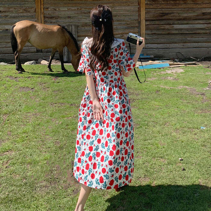 Chic Cottagecore Oversized Collar Dress in Blue, Pink, Black & Yellow - Y2K Inspired Fashion