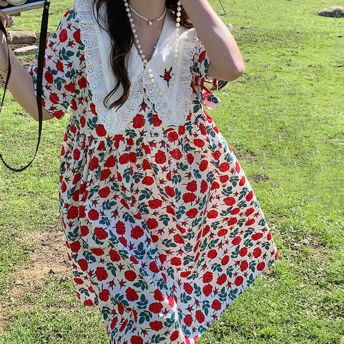 Chic Cottagecore Oversized Collar Dress in Blue, Pink, Black & Yellow - Y2K Inspired Fashion