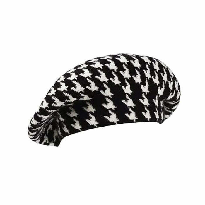 Chic Houndstooth Beret for Y2K Fashion Lovers - Trendy Accessory for Comfy Outfits