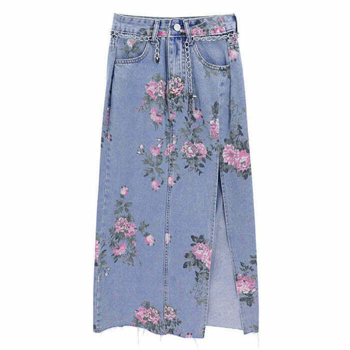 Cottage Floral Long Denim Skirt - Y2K Fashion Essential for Trendy Grunge and Floral Styles