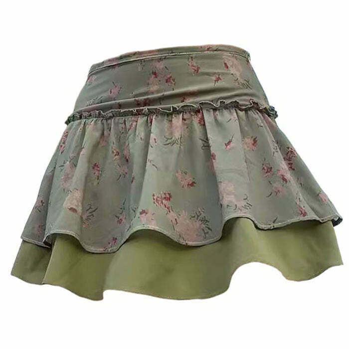 Cottagecore Aesthetic Green Floral Skirt for Y2K Fashion, Emo Street Style & Winter Outfits