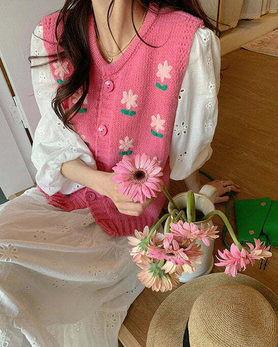 Cottagecore Floral Embroidered Knit Vest - Y2K Style for Trendy Retro Fashion Lovers