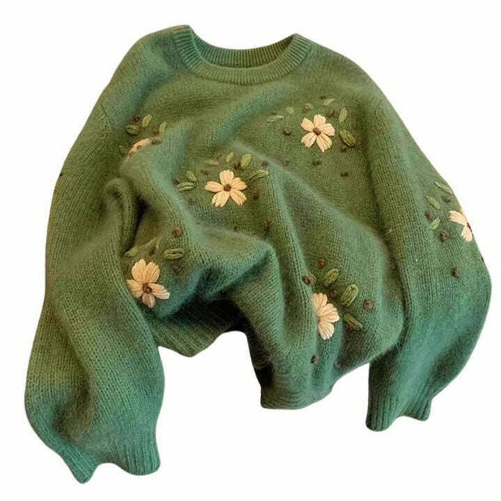 Cottagecore Floral Embroidery Green Sweater - Y2K Style Grunge Fashion for Trendy Outfits