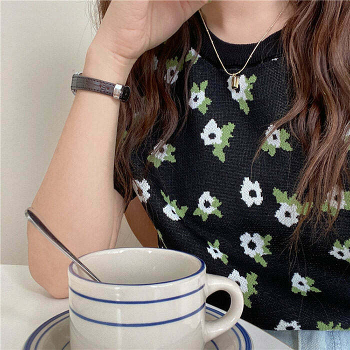 Cottagecore Floral Knit T-Shirt - Trendy Y2K Fashion for 2024 & 2025 K-Pop Style Outfits