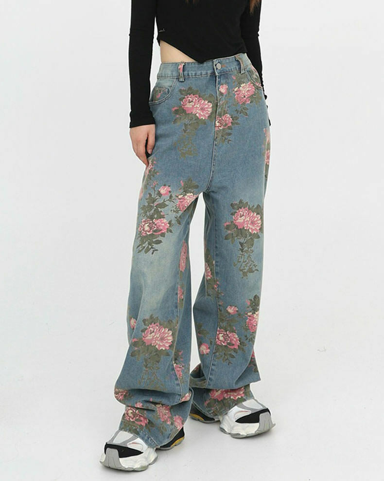 Cottagecore Rose Print Wide Jeans - Trendy Y2K Style for Cute Fashion Enthusiasts