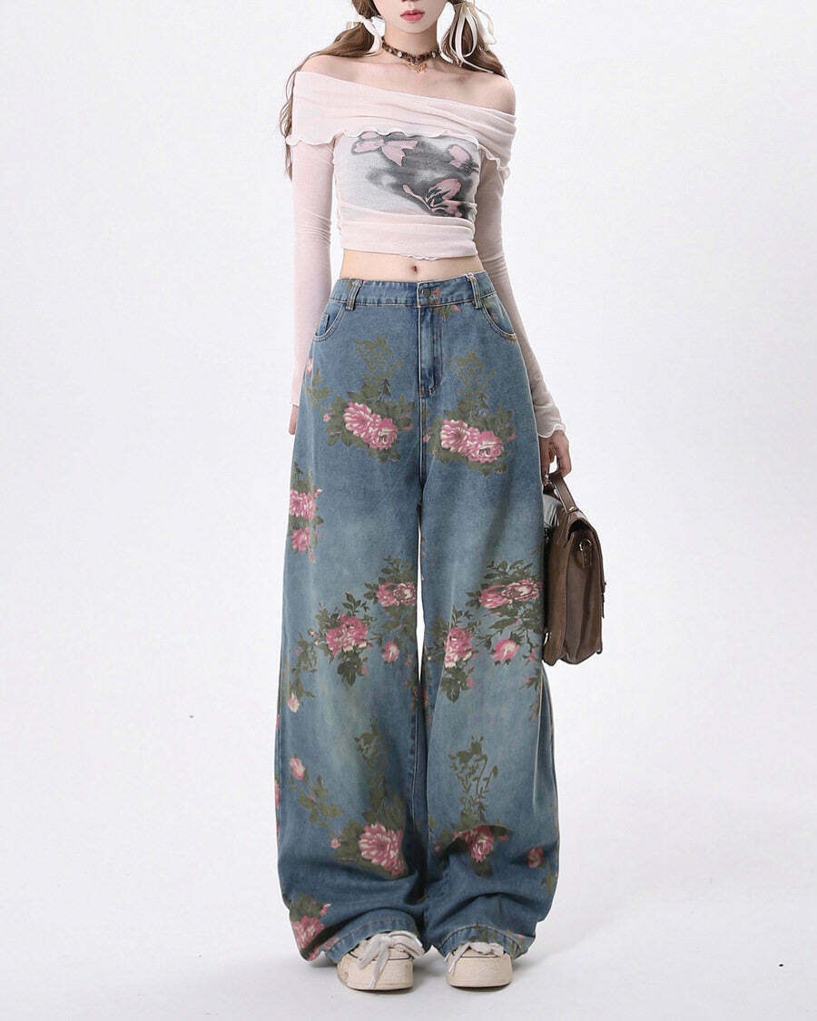 Cottagecore Rose Print Wide Jeans - Trendy Y2K Style for Cute Fashion Enthusiasts