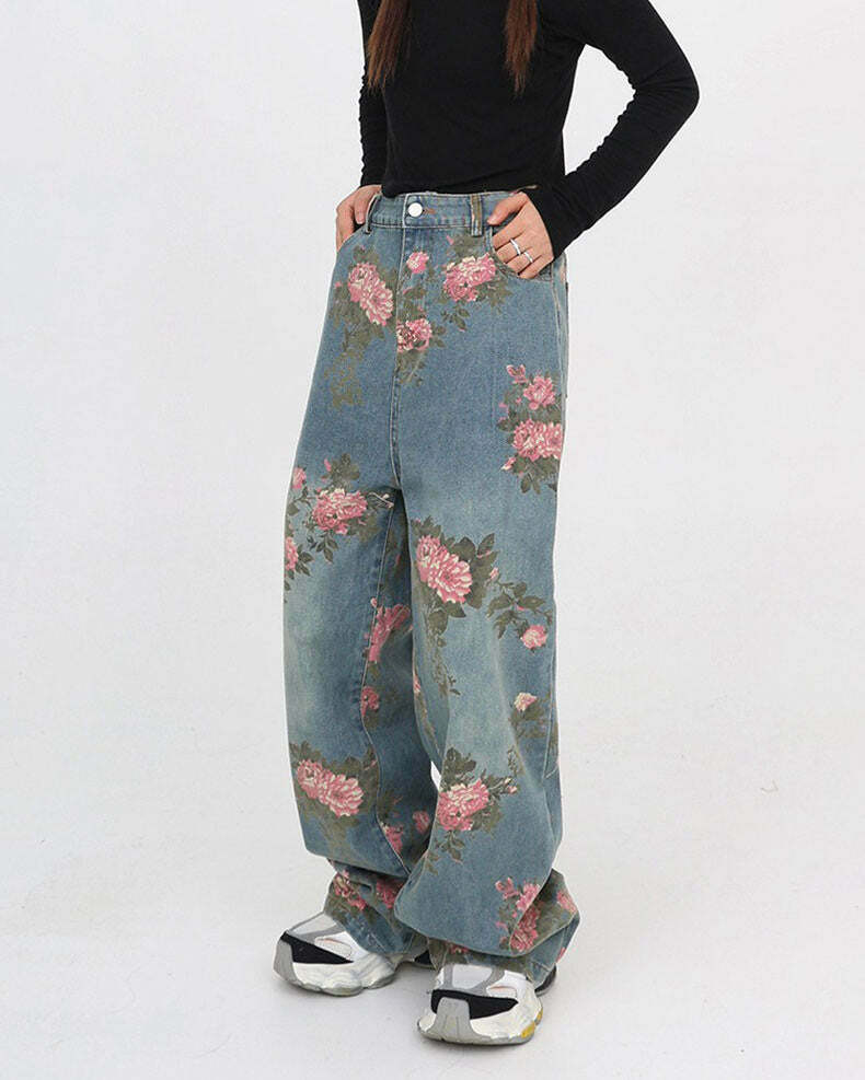 Cottagecore Rose Print Wide Jeans - Trendy Y2K Style for Cute Fashion Enthusiasts