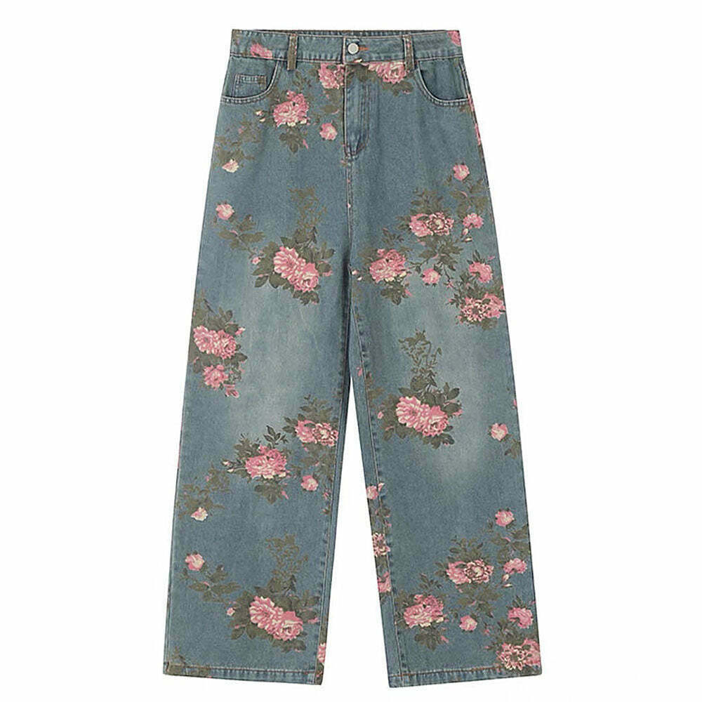 Cottagecore Rose Print Wide Jeans - Trendy Y2K Style for Cute Fashion Enthusiasts