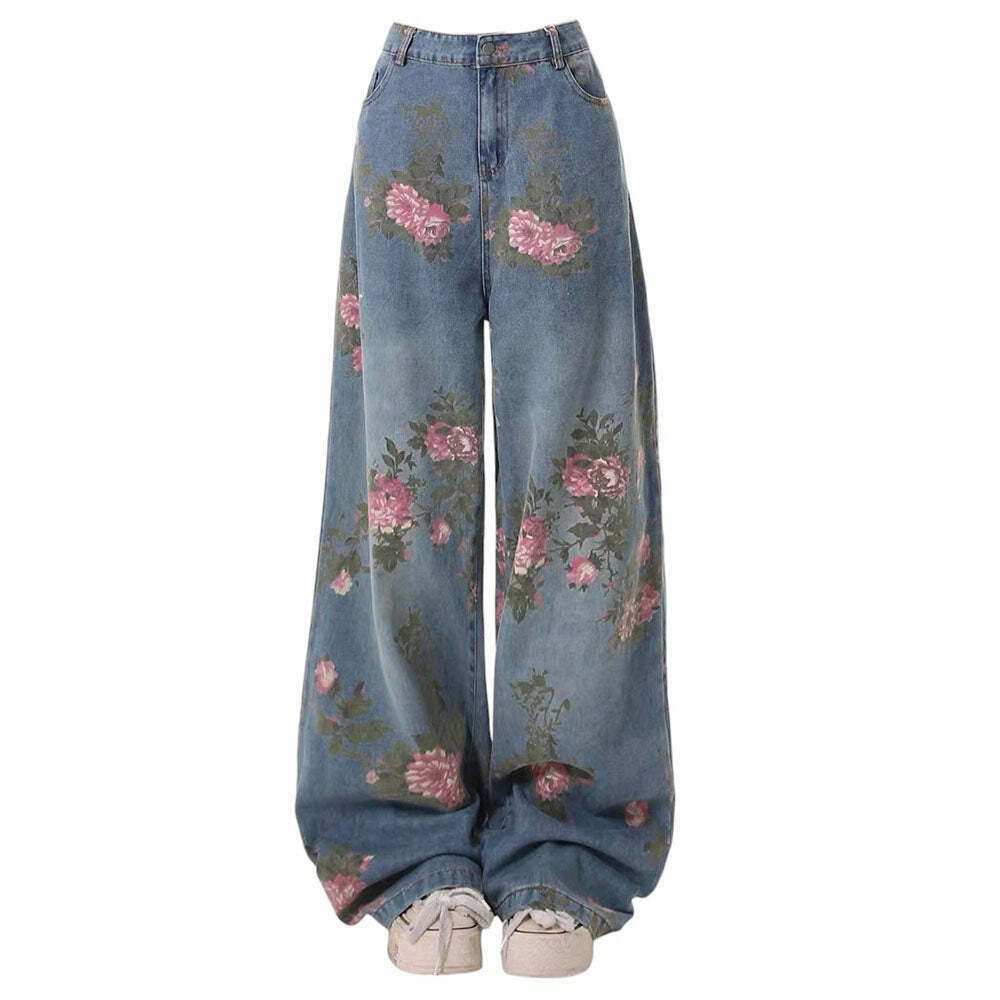 Cottagecore Rose Print Wide Jeans - Trendy Y2K Style for Cute Fashion Enthusiasts