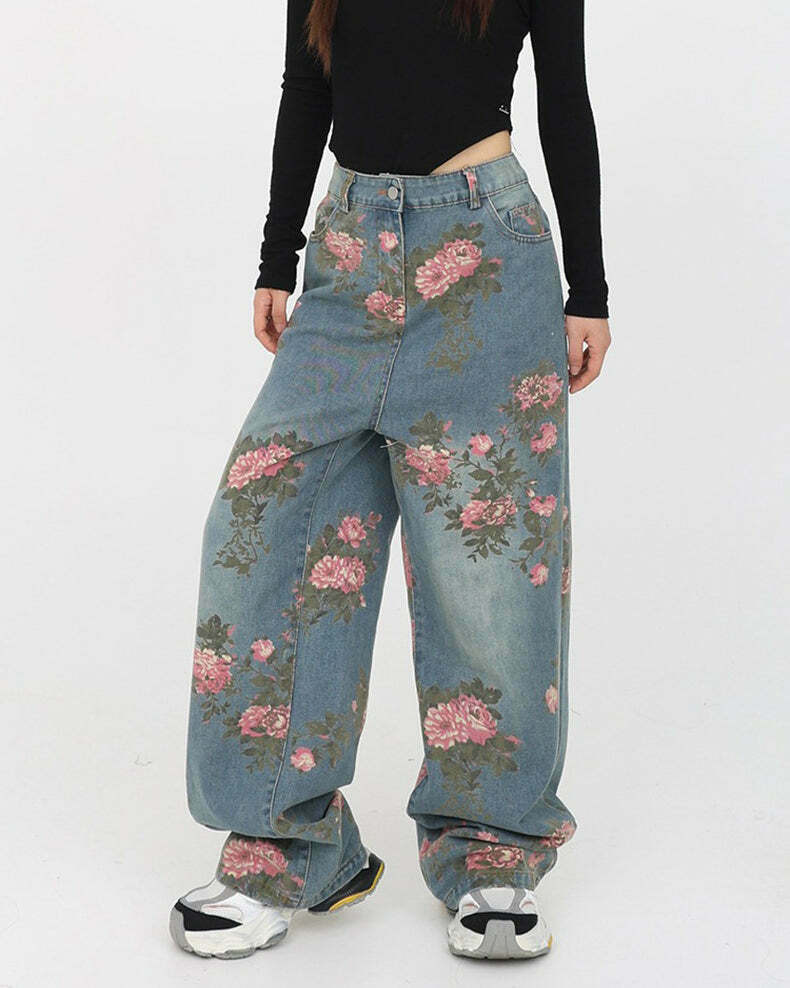 Cottagecore Rose Print Wide Jeans - Trendy Y2K Style for Cute Fashion Enthusiasts