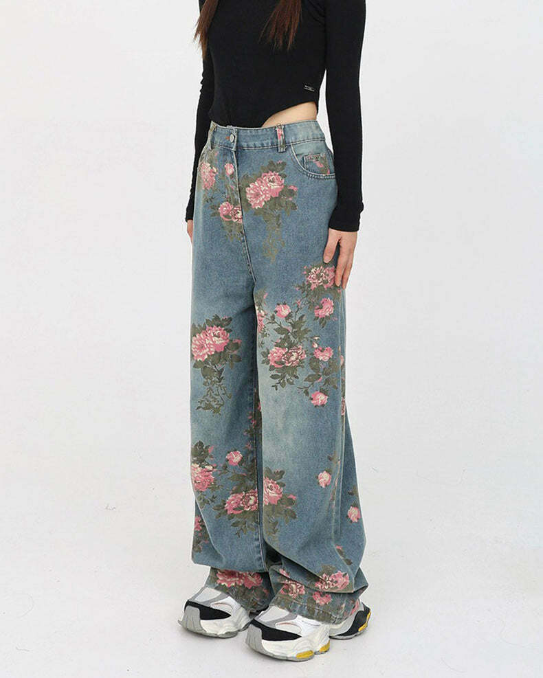Cottagecore Rose Print Wide Jeans - Trendy Y2K Style for Cute Fashion Enthusiasts