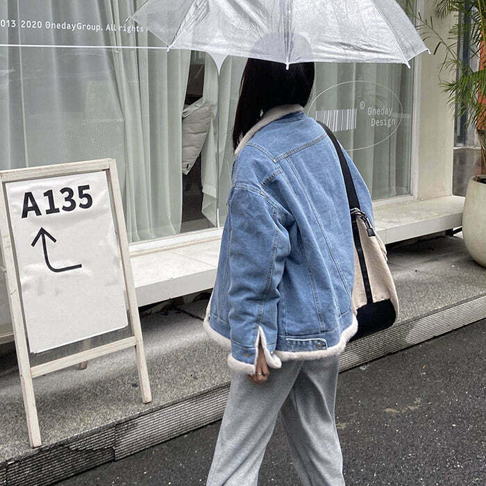 Faux Sherpa Lined Denim Jacket - Y2K Grunge Style for Trendy Fall Outfits & Couples