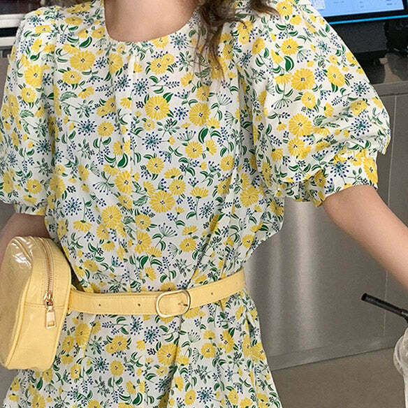 Floral Cottagecore Dress in Blue, Pink, Black & Yellow - Retro Y2K Grunge Style Outfit