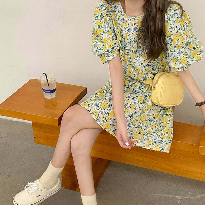 Floral Cottagecore Dress in Blue, Pink, Black & Yellow - Retro Y2K Grunge Style Outfit