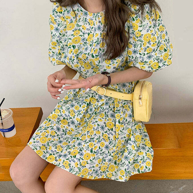 Floral Cottagecore Dress in Blue, Pink, Black & Yellow - Retro Y2K Grunge Style Outfit