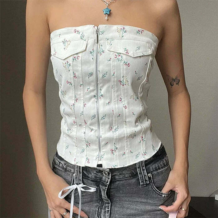 Floral Zip Up Corset Top - Y2K Vintage Fashion for Grunge and Goth Outfits