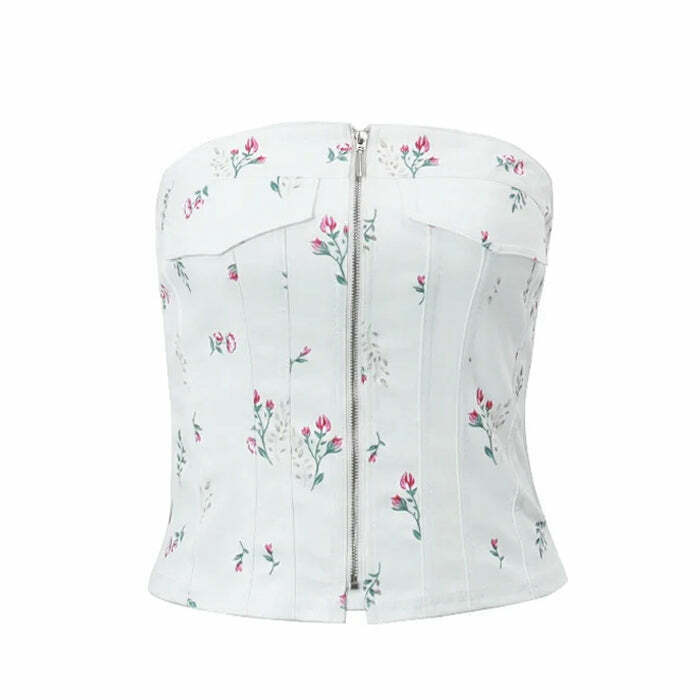 Floral Zip Up Corset Top - Y2K Vintage Fashion for Grunge and Goth Outfits