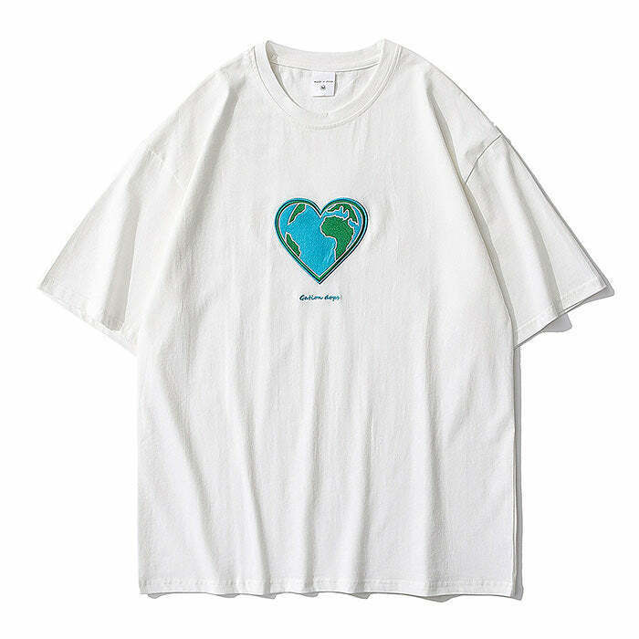 Heart Earth Embroidered Tee - Y2K Style for Trendy Outfits & Anime Fashion Lovers