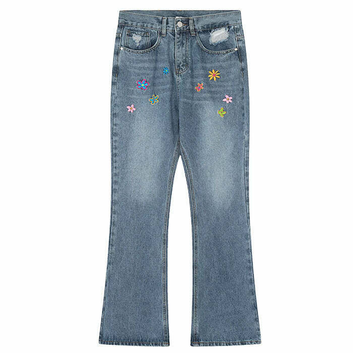 Indie Aesthetic Flower Embroidery Jeans for Y2K Grunge and Punk Style Fashion
