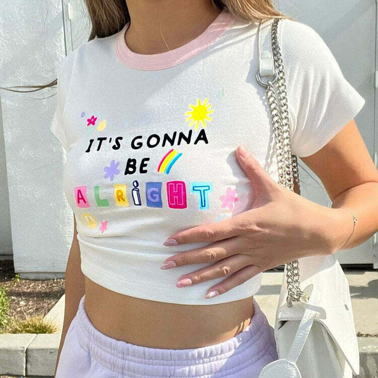 It's Gonna Be Alright Y2K Crop Top - Trendy Strawberry, Star, and Grunge Styles