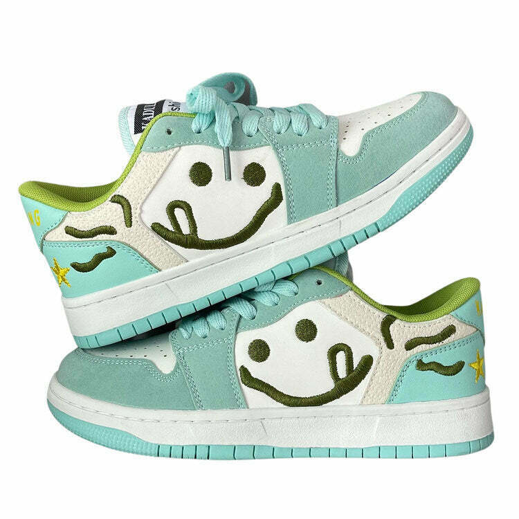 Smiling Face Embroidery Mint Green Sneakers for Y2K Fashion and 90's Inspired Outfits