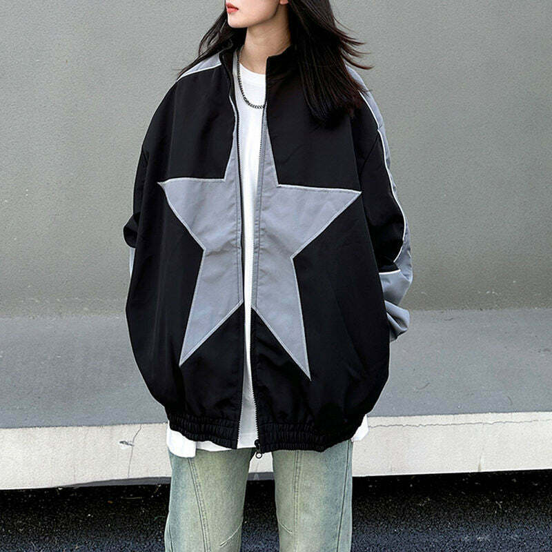 Stylish Star Girl Bomber Jacket - Vintage Oversized Floral & Patchwork Design