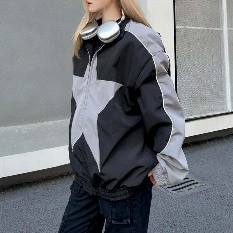 Stylish Star Girl Bomber Jacket - Vintage Oversized Floral & Patchwork Design