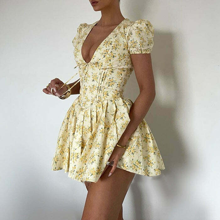 Sunny Afternoon Cottagecore Floral Dress - Y2K Inspired Boho Fashion in Blue, Pink & Black