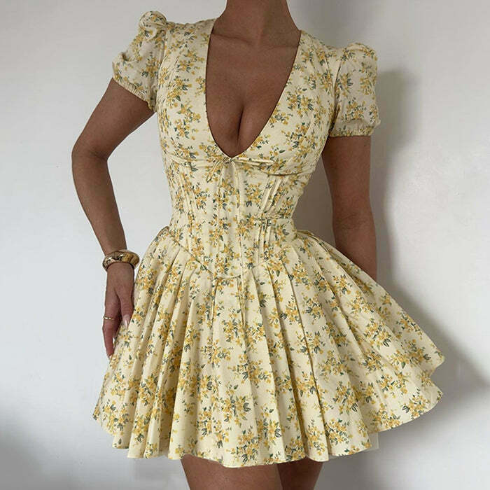 Sunny Afternoon Cottagecore Floral Dress - Y2K Inspired Boho Fashion in Blue, Pink & Black