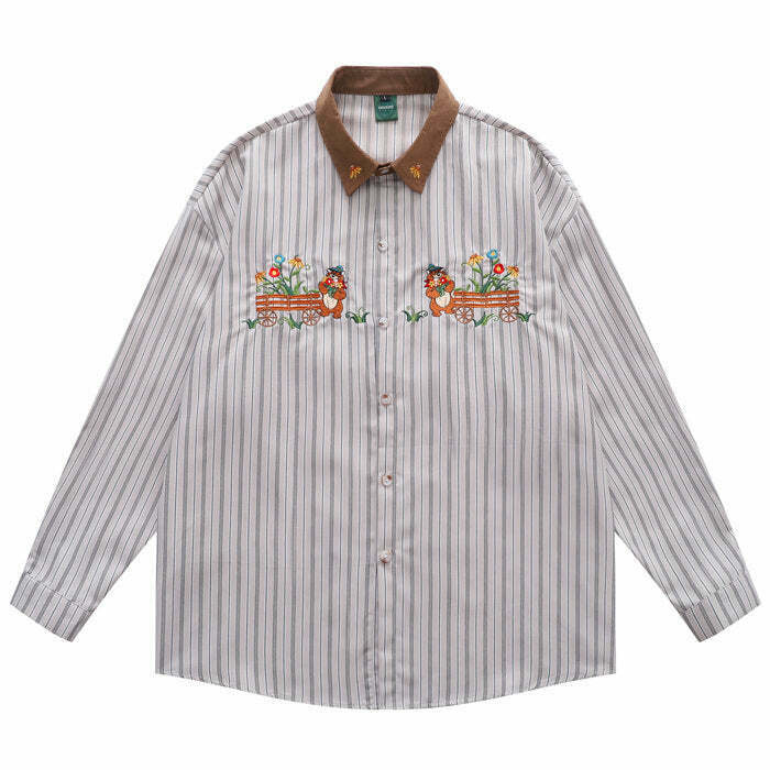Trendy Bear Embroidery Striped Shirt - Y2K Fashion Essential for Modern Style Enthusiasts