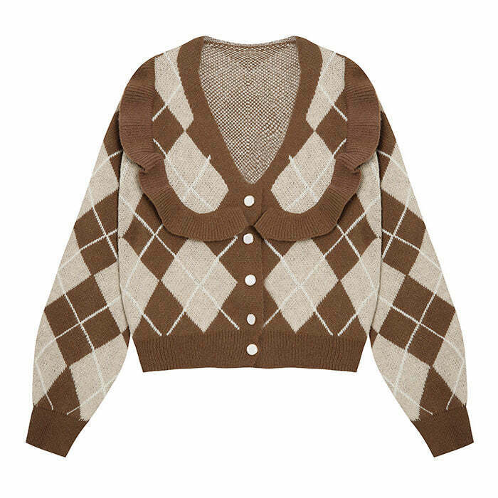 Trendy Coffee Time Argyle Cardigan - Y2K Style Graphics for Street and Cyber Fashion