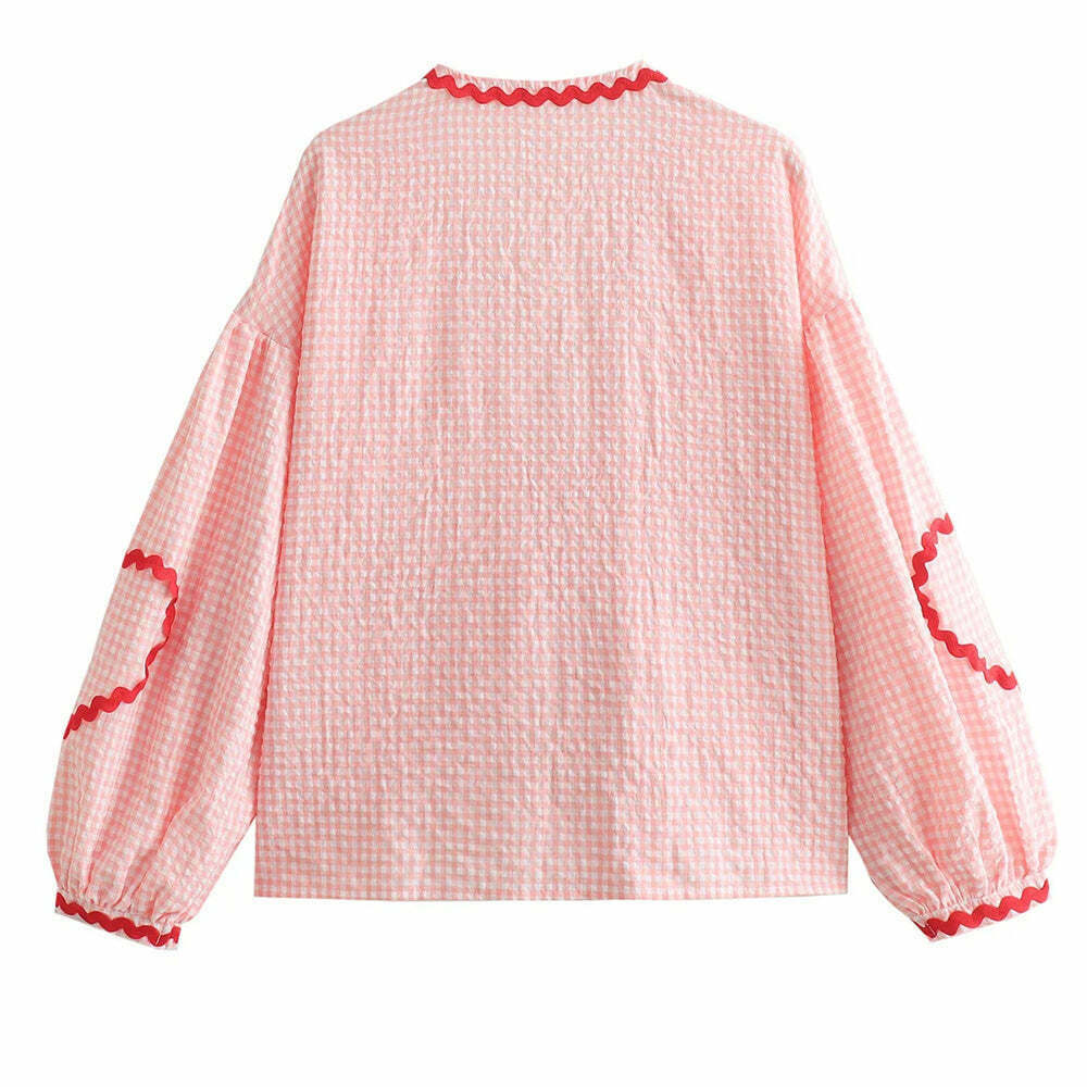 Trendy Hearts Gingham Top with Bow Closure - Y2K Style for Fashion-Forward Looks