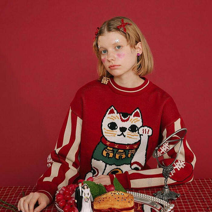 Trendy Maneki Neko Sweater for Y2K Fashion Lovers - Dark Grunge & Retro Style