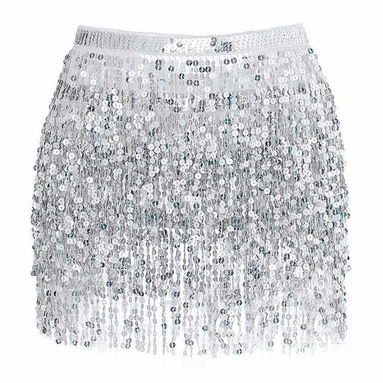 Trendy Sequin Fringe Skirt for Y2K Style - Perfect for Retro Grunge Outfits & Winter Fashion