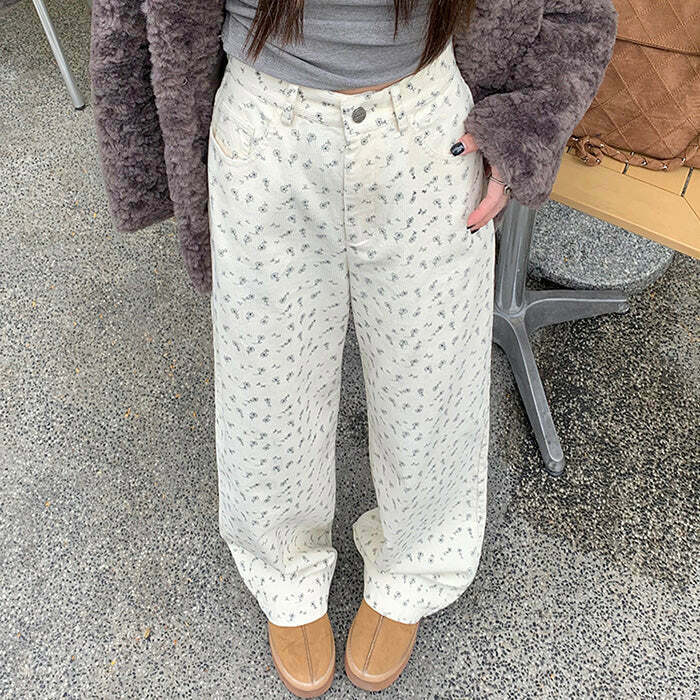 Vintage Aesthetic Floral Print Cord Pants for Y2K Fashion and Retro Outfit Inspiration