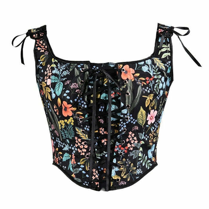 Vintage Floral Print Corset - Y2K Grunge Style Top for Trendy Fashion Lovers