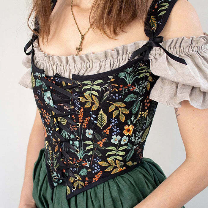 Vintage Floral Print Corset - Y2K Grunge Style Top for Trendy Fashion Lovers