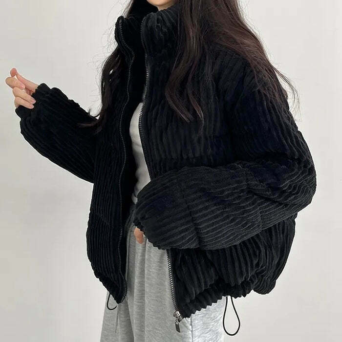 Vintage Patchwork Corduroy Puffer Jacket with Hood - Stylish Women's Outerwear