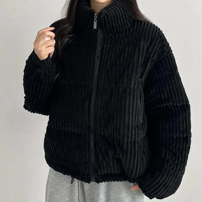 Vintage Patchwork Corduroy Puffer Jacket with Hood - Stylish Women's Outerwear