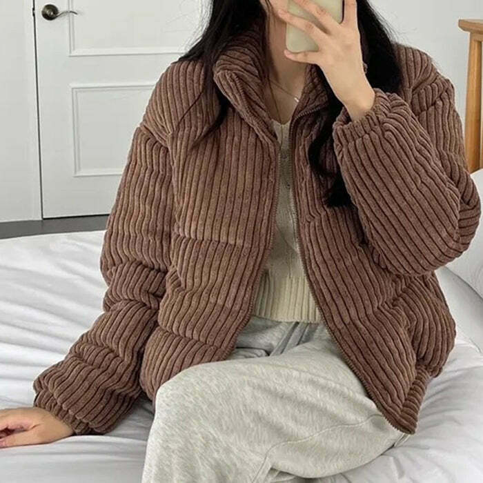 Vintage Patchwork Corduroy Puffer Jacket with Hood - Stylish Women's Outerwear