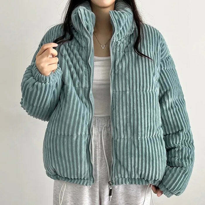 Vintage Patchwork Corduroy Puffer Jacket with Hood - Stylish Women's Outerwear