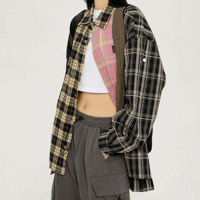Vintage Plaid Oversized Shirt for Y2K Fashion - Trendy Grunge Style for Men