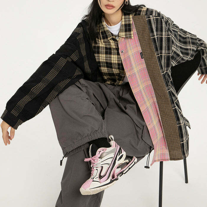 Vintage Plaid Oversized Shirt for Y2K Fashion - Trendy Grunge Style for Men